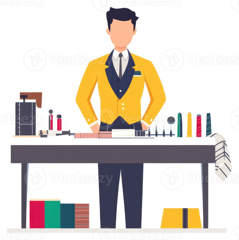A tailor stands behind a table filled with tools and fabric samples. png