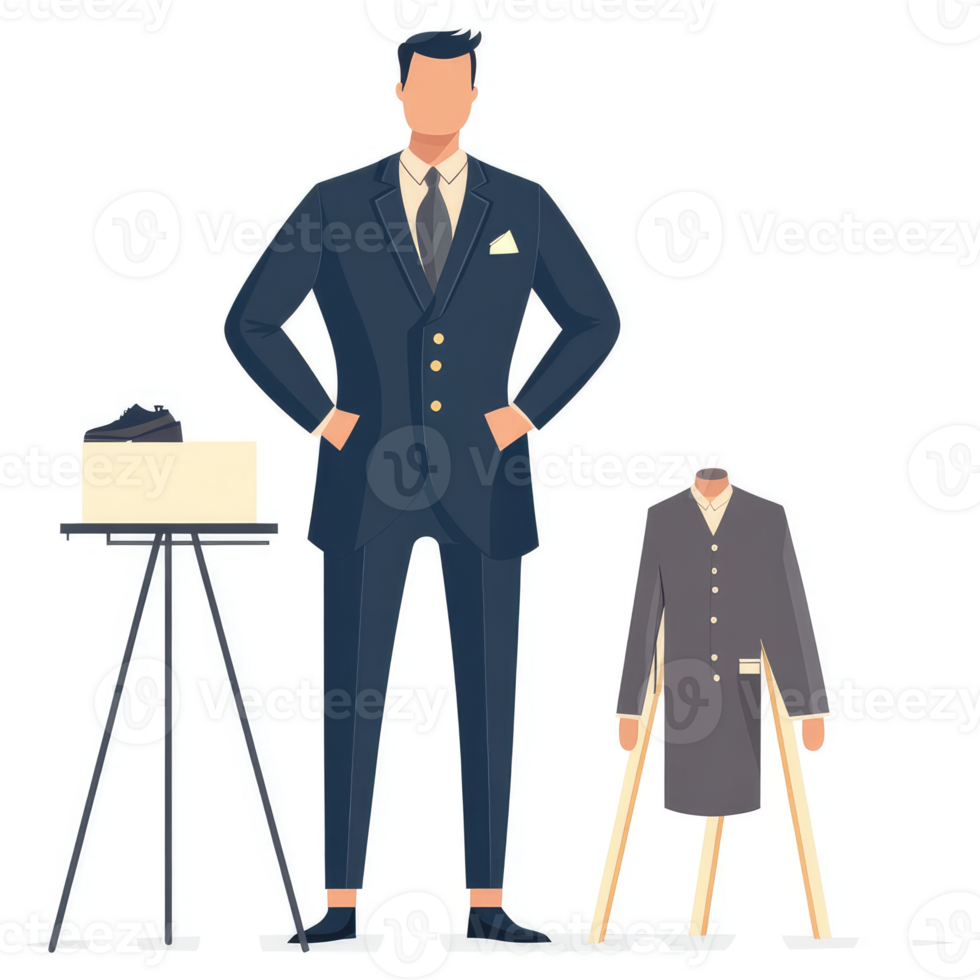 A man in a tailored suit showcasing a garment on a display stand. png