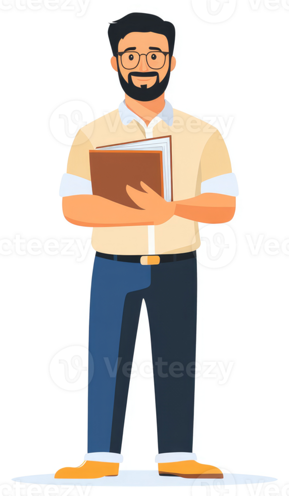 A friendly teacher with books in hand, ready to impart knowledge. png