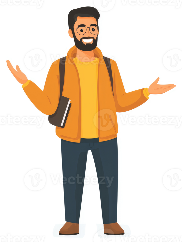 A friendly student in an orange jacket, welcoming and ready to share knowledge. png