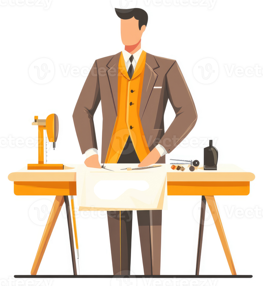 A tailor meticulously works on a garment at his workstation. png