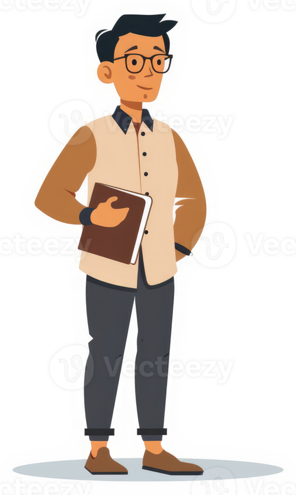 A cartoon illustration of a young man wearing a light beige shirt and dark pants. png