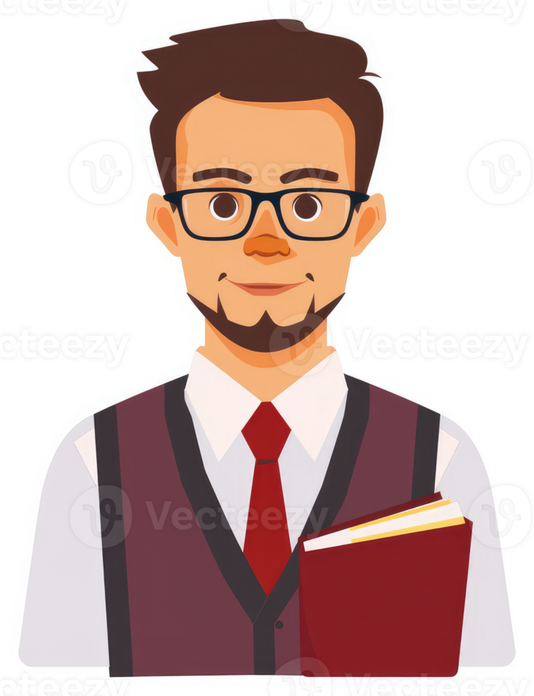 A professional man with glasses and a burgundy vest holding books. png