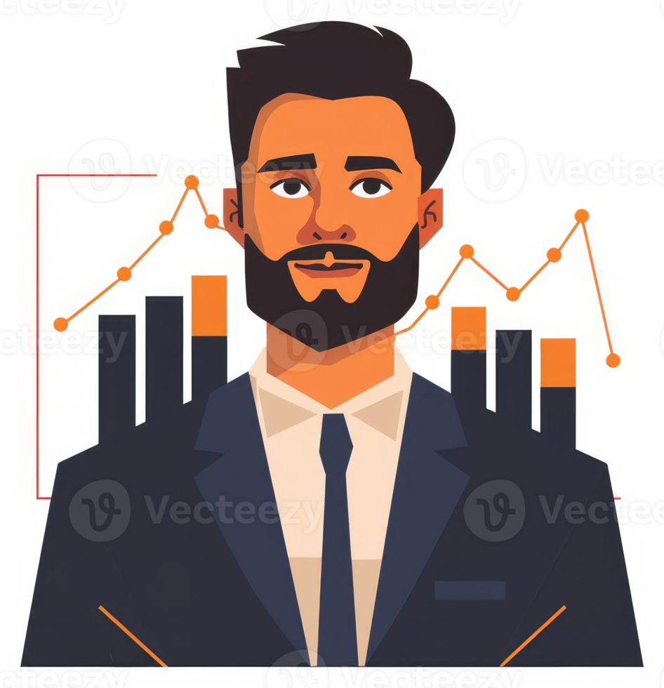 A businessman with a beard and upward trending graphs, representing success and growth. png