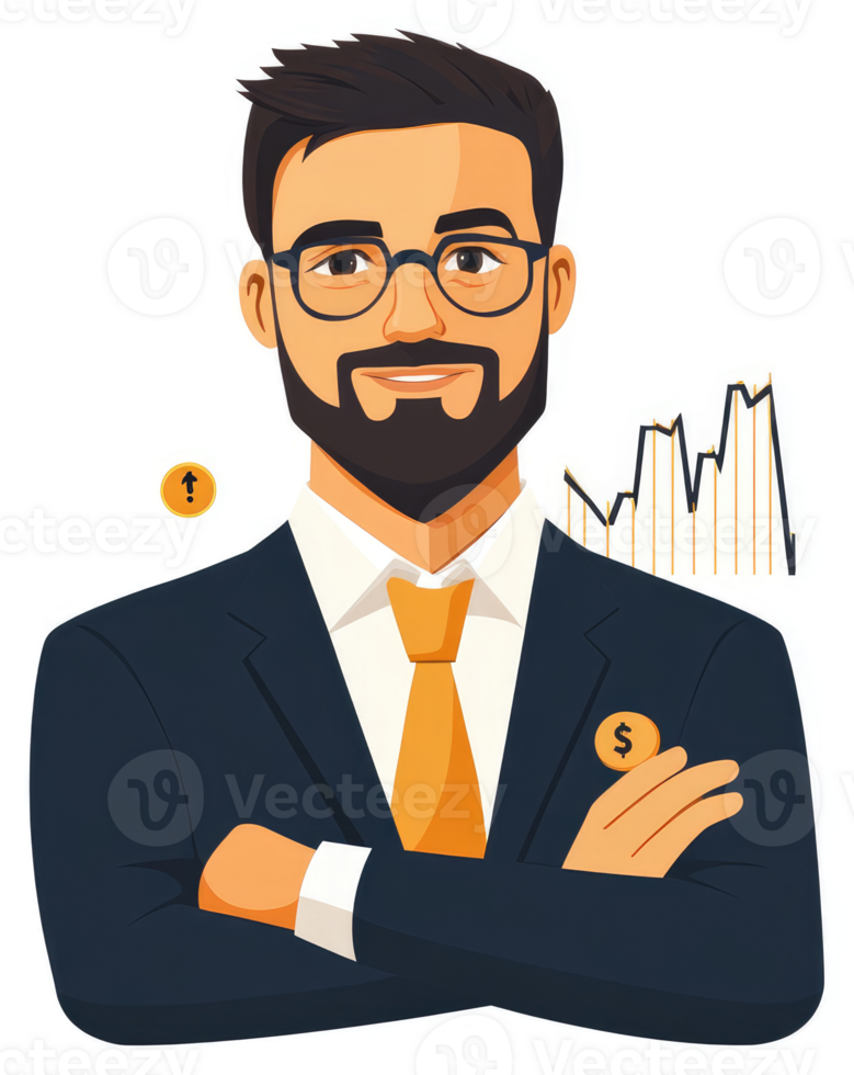 Confident businessman with a successful financial graph. png