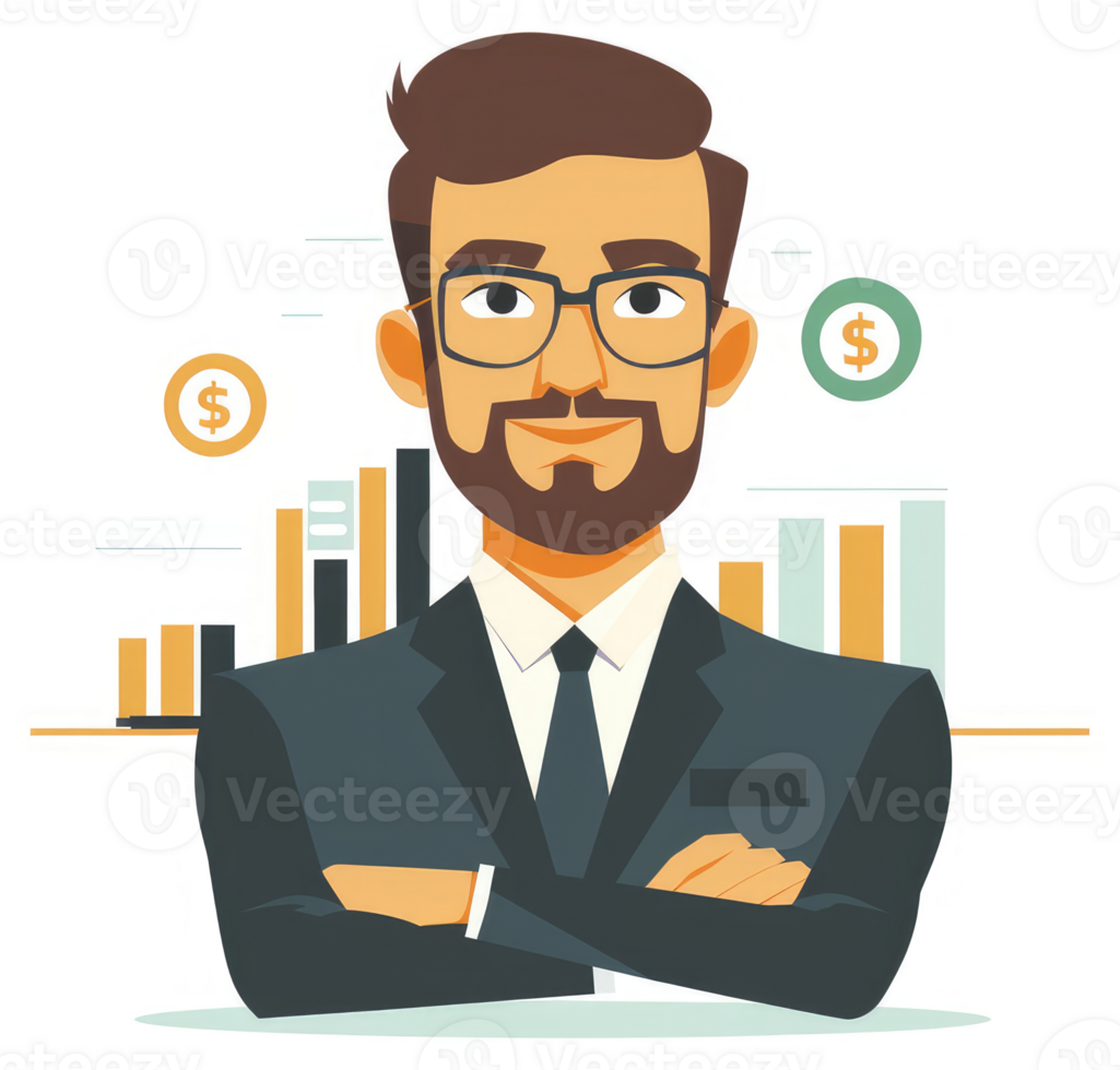 A confident businessman with financial success in a professional setting. png