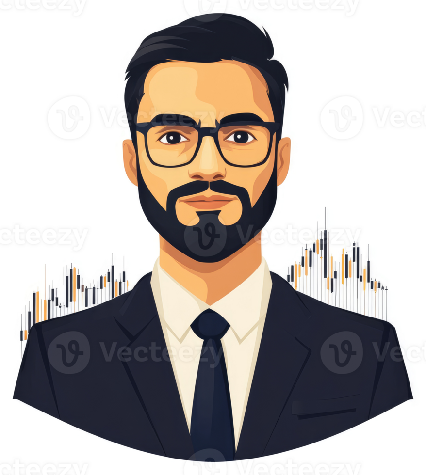 Portrait of a man in a business suit, analyzing financial market trends. png