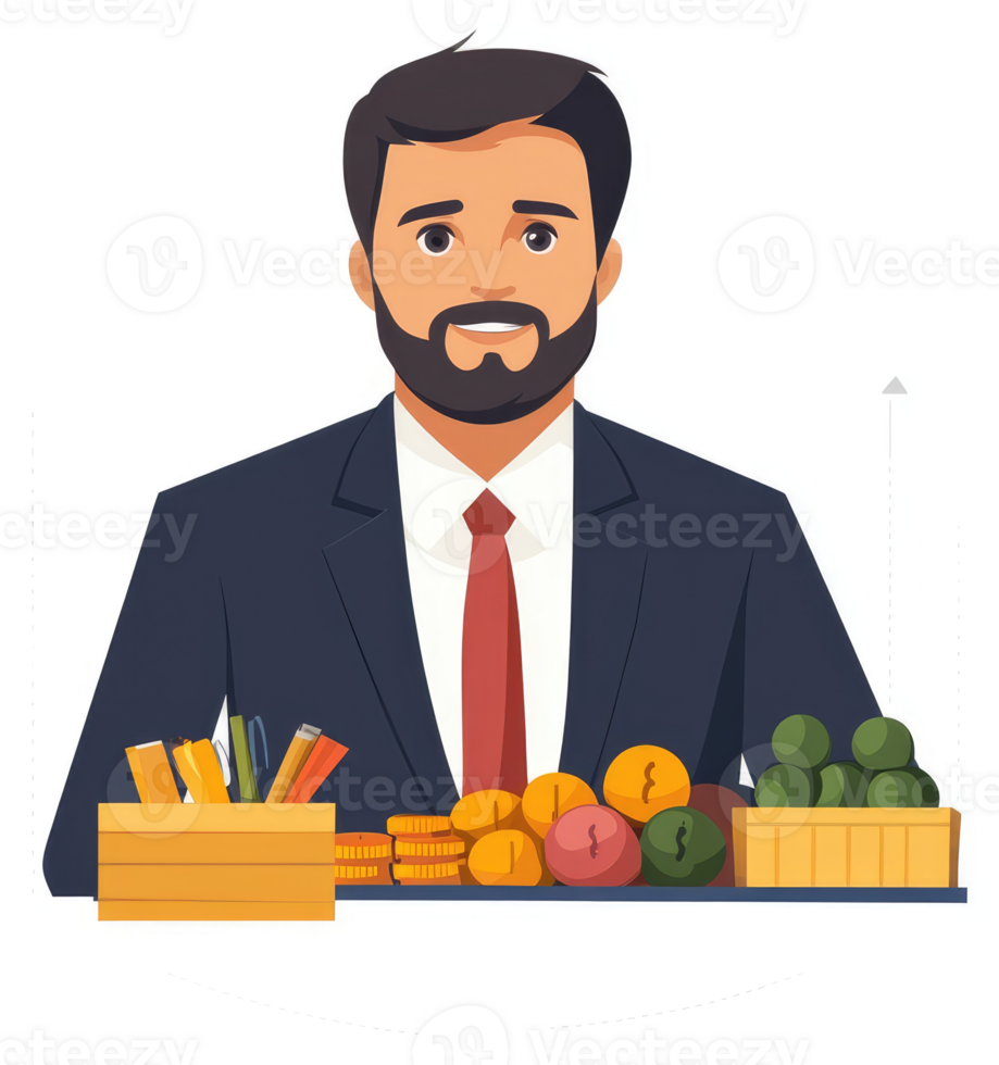 A businessman stands behind a table laden with assorted goods, including fruits, coins, and stationery. png