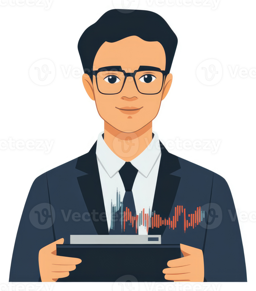A businessman with financial data displayed on his clipboard. png
