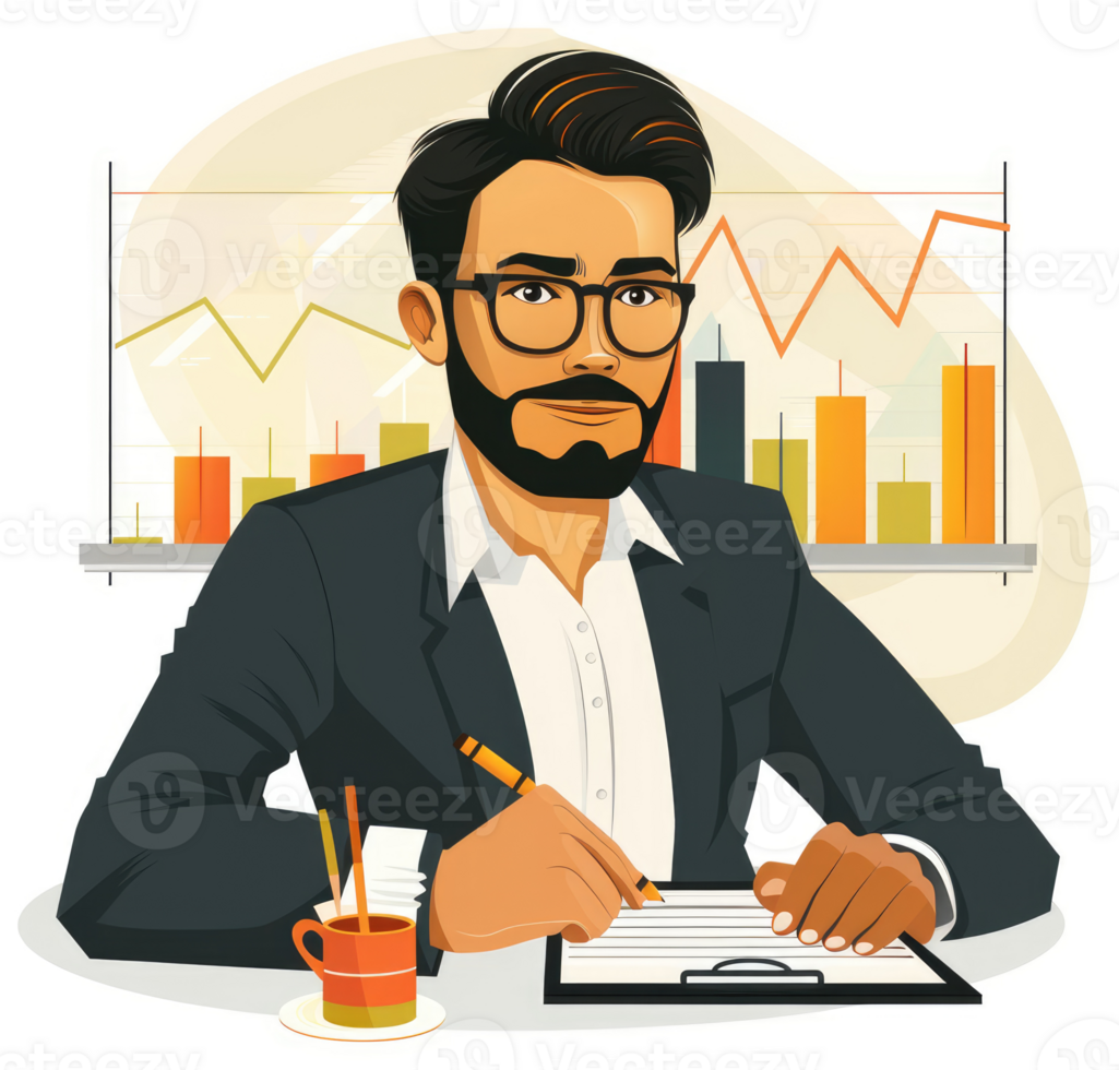 A businessman with a beard, wearing glasses, is writing on a clipboard in front of financial charts. png