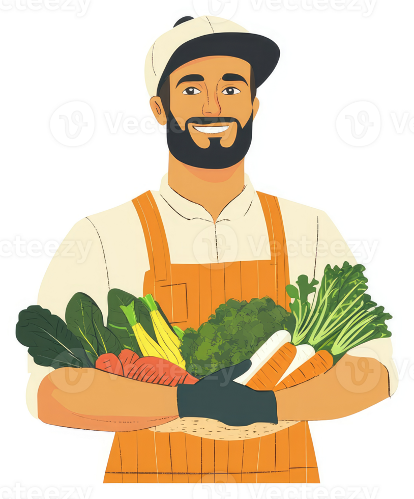 A smiling farmer holds a basket full of fresh produce. png