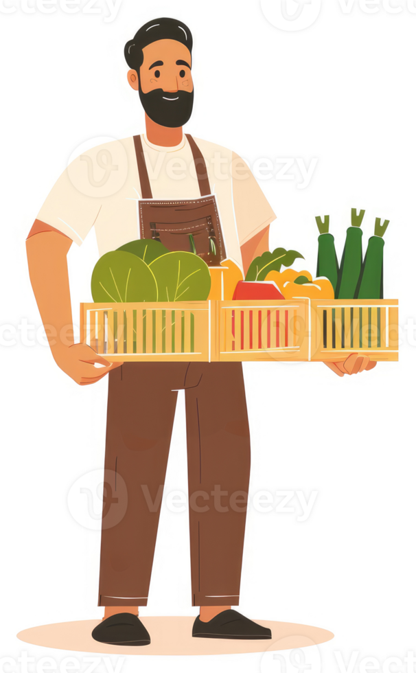 A man in an apron carrying a crate full of fresh produce. png