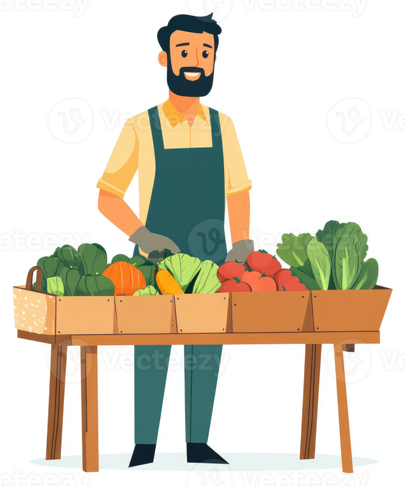 A friendly farmer displays a variety of fresh produce. png