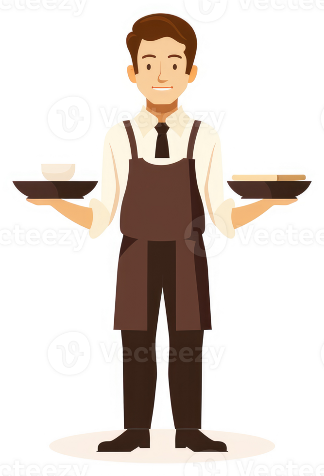 A smiling waiter carrying trays of food and drink. png