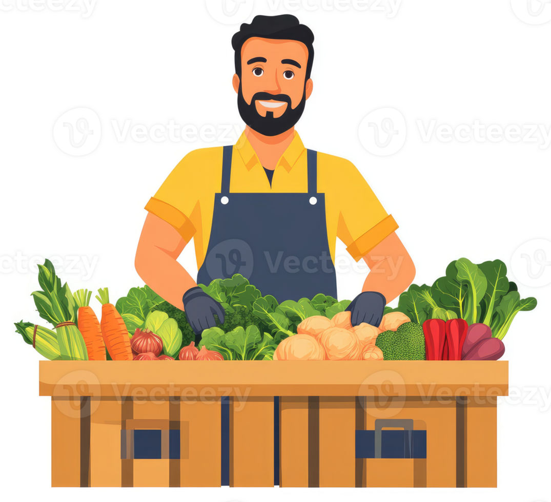 A friendly farmer displays a bounty of fresh vegetables at a market stall. png