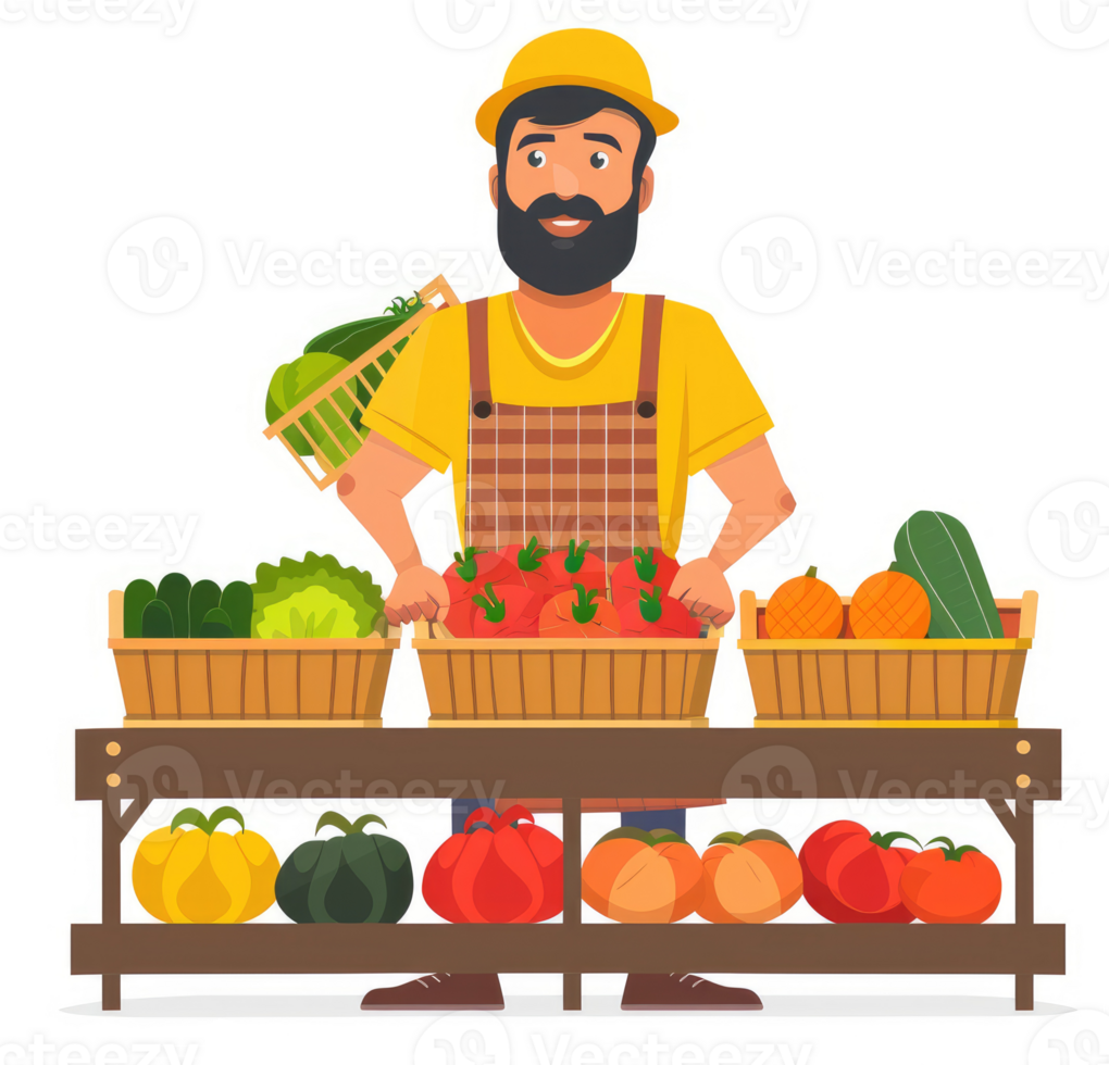 A farmer sells various fresh fruits and vegetables at a market stall. png