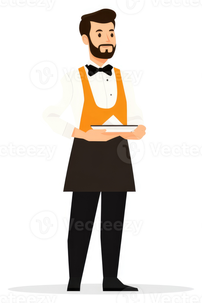 A well-dressed waiter holding a platter of food. png