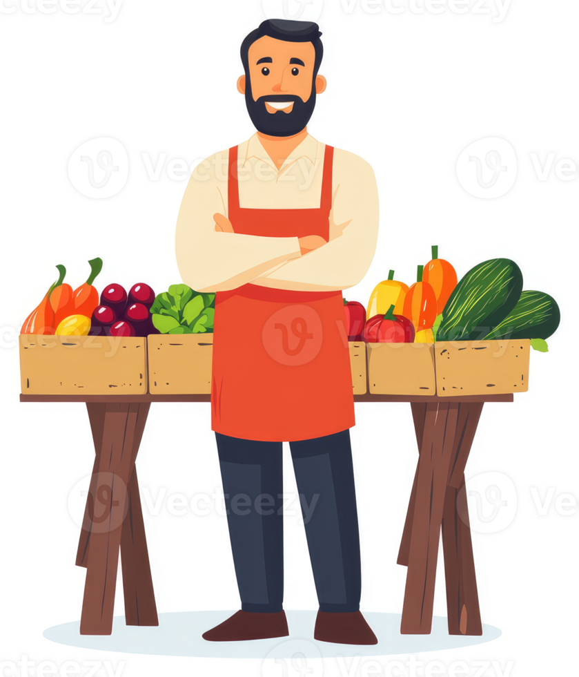 A friendly greengrocer stands proudly behind a display of fresh produce. png