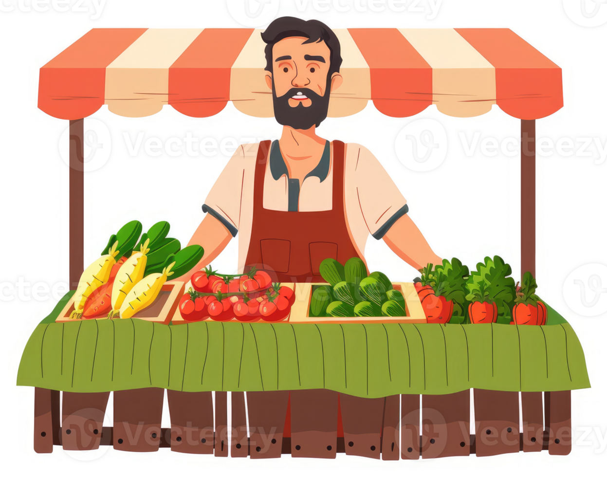 A friendly farmer sells fresh vegetables at a roadside market stall. png