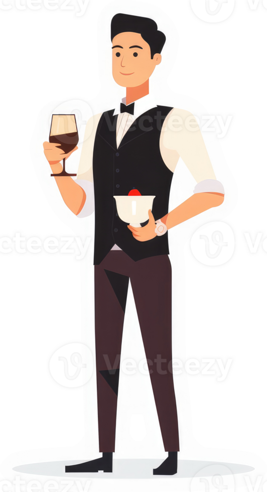 A sophisticated waiter holding a drink and dessert. png