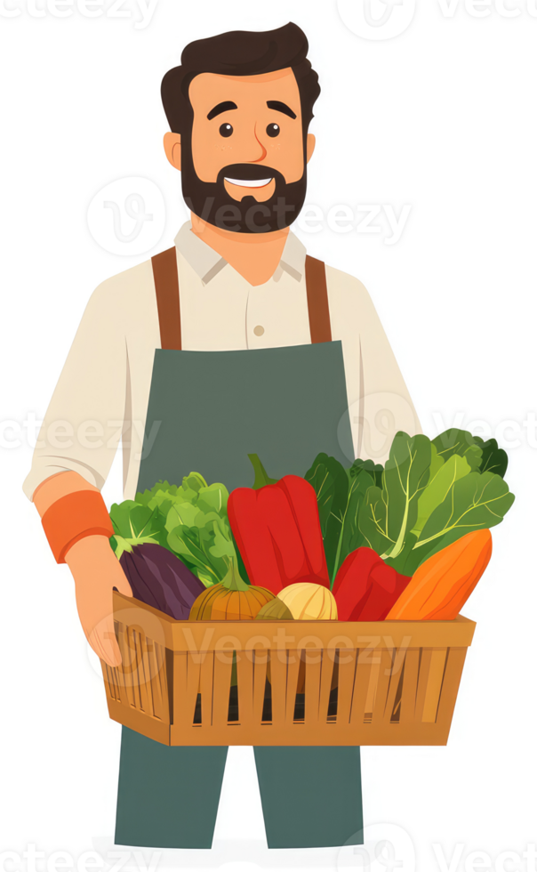 A friendly farmer holds a basket full of fresh produce. png