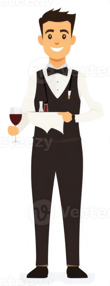 A smiling waiter carrying a tray of wine and small dishes. png
