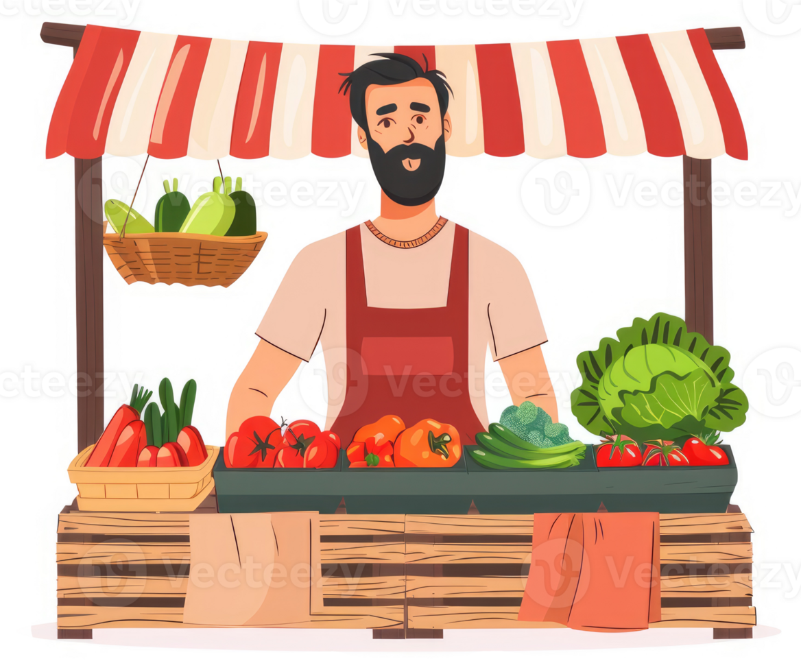 A friendly farmer's market vendor displays fresh produce. png