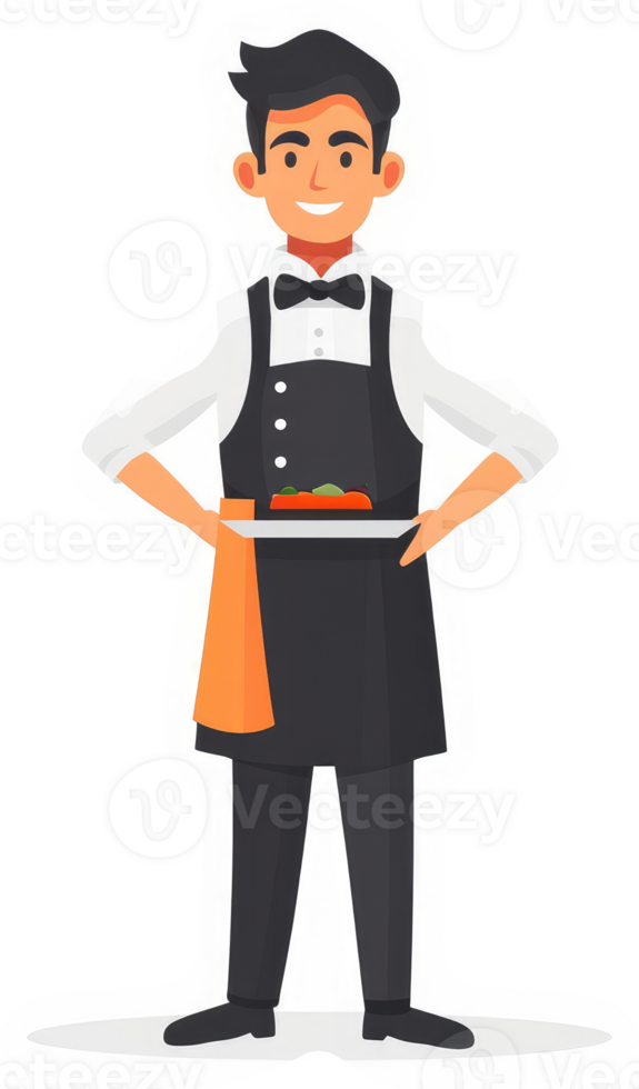 A smiling waiter holding a tray of food. png