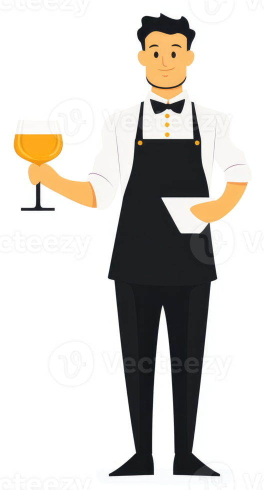 A friendly waiter offering a glass of wine and a dish. png