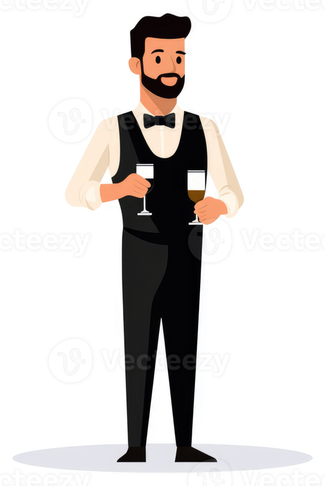 A well-dressed man serving drinks in formal attire. png