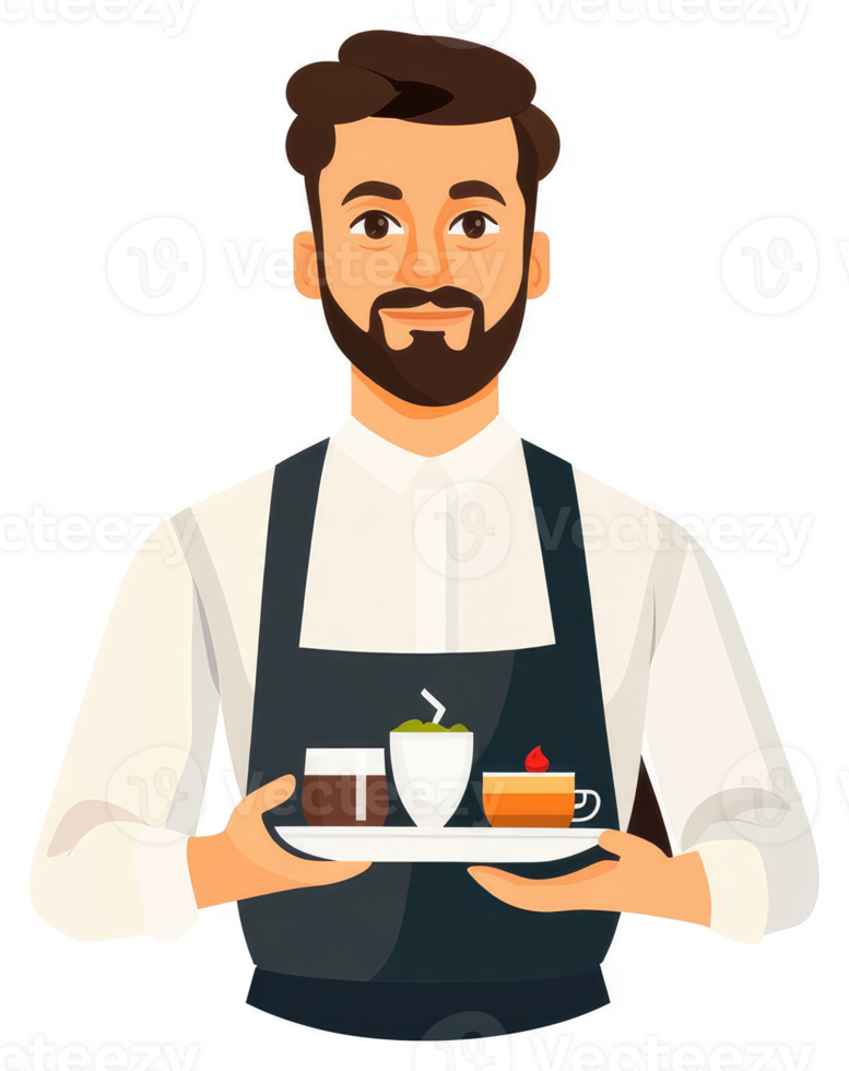 A friendly waiter carrying a tray of various beverages and desserts. png