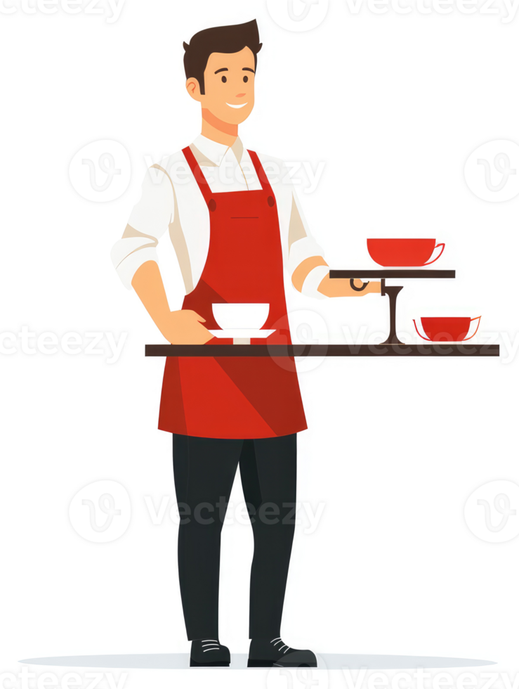 A smiling cafe worker carrying a tray of cups. png
