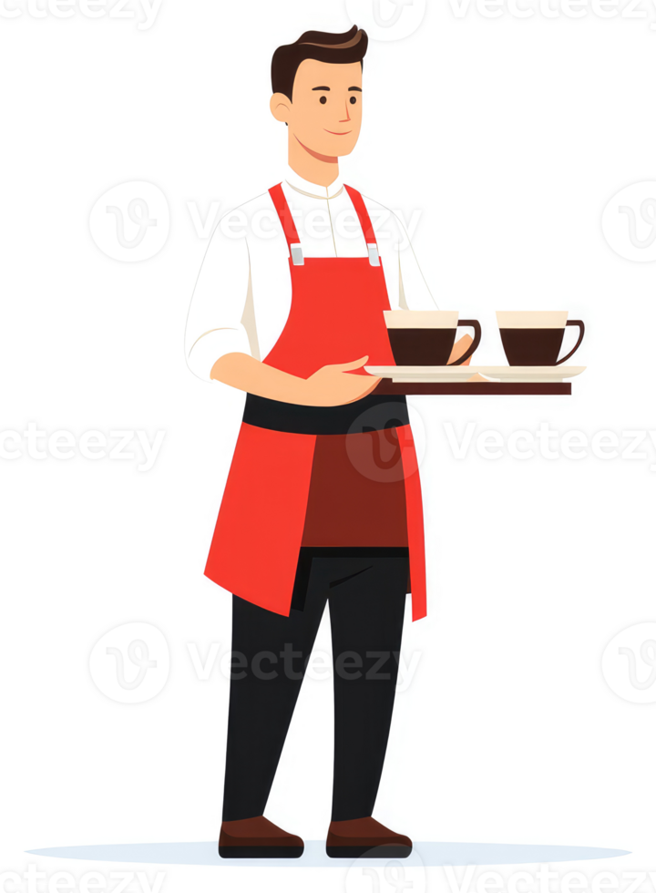 A friendly waiter carrying a tray of coffee cups. png