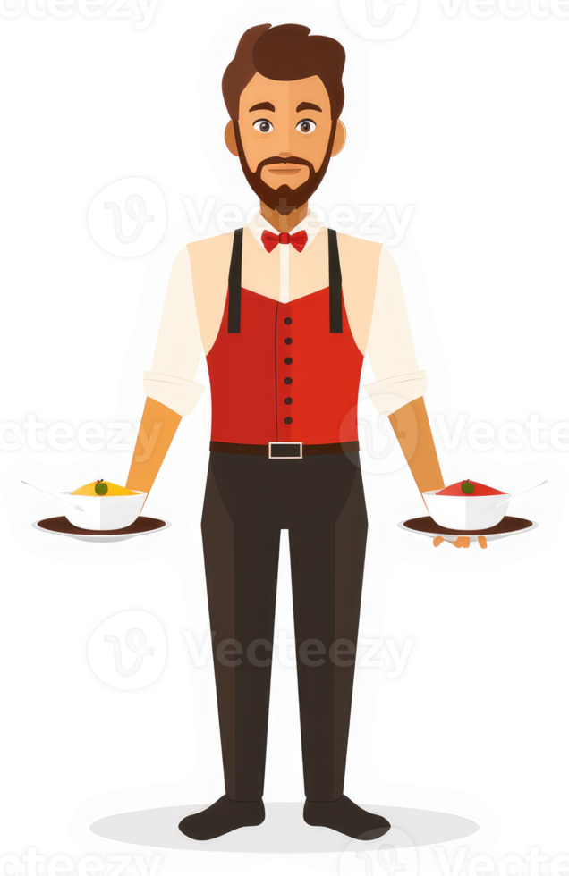 A waiter serving two different dishes in a restaurant. png