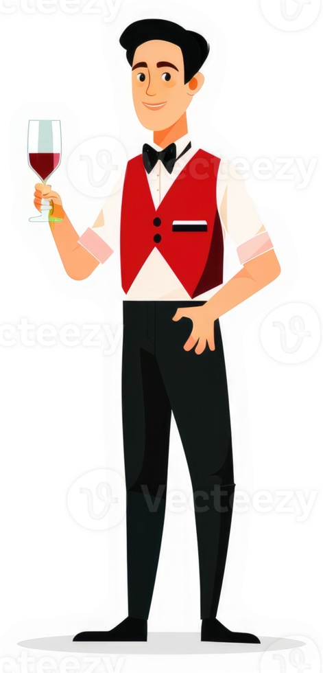 A smiling waiter holding a glass of red wine. png