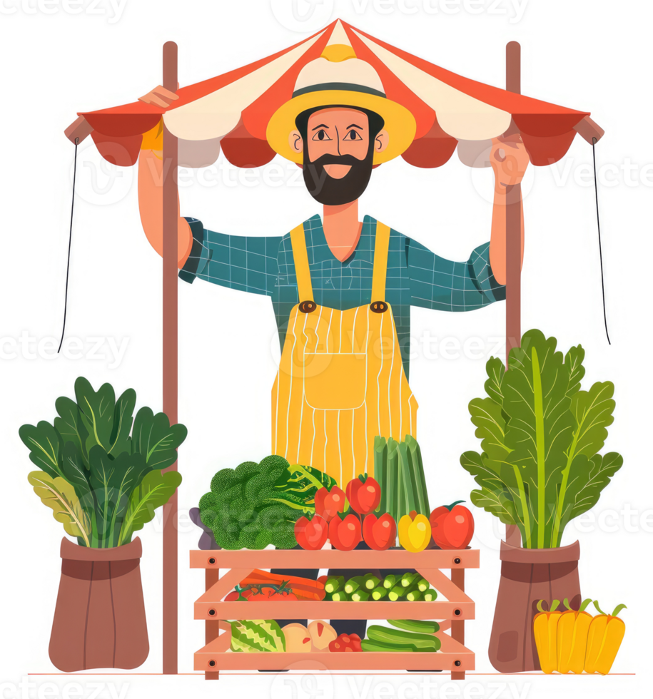 A farmer selling fresh produce under a market stall. png