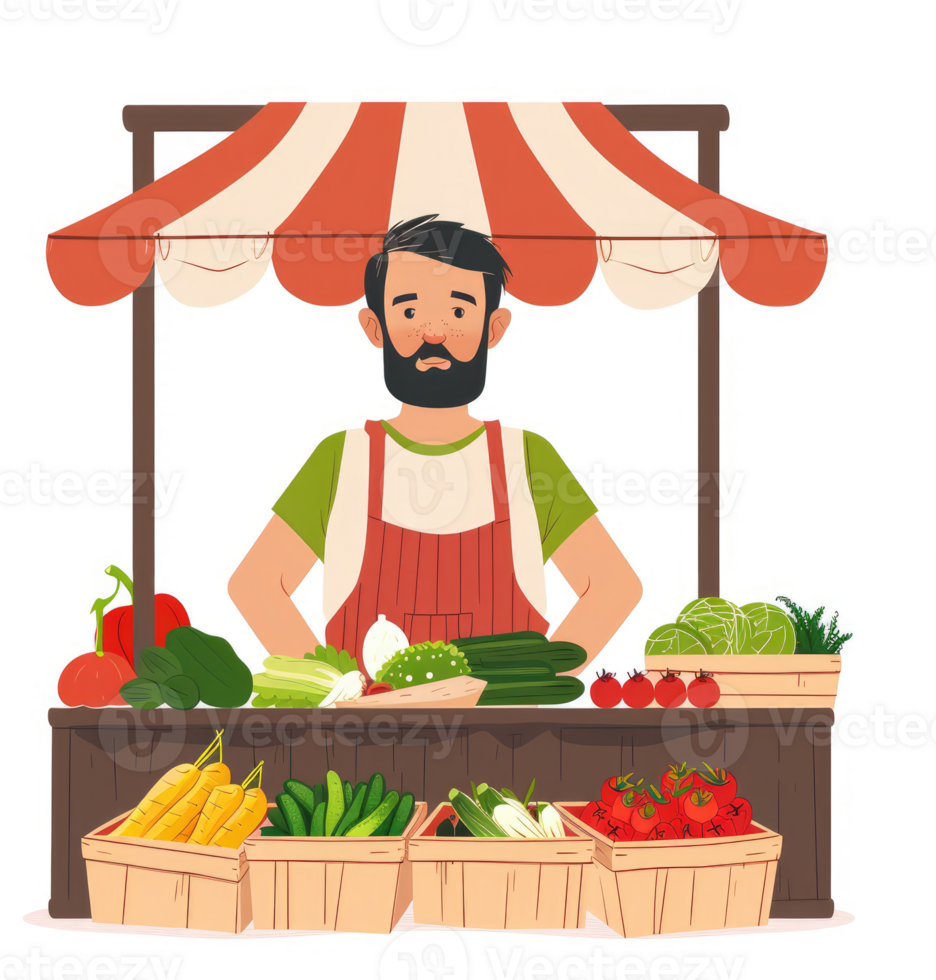 A farmer stands behind a vibrant market stall filled with fresh produce. png