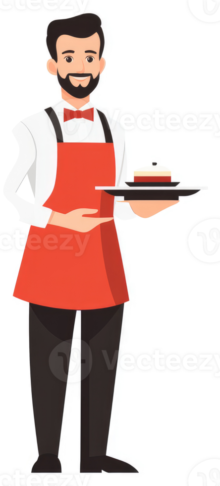 A smiling waiter in a red apron holds a tray with a dessert. png