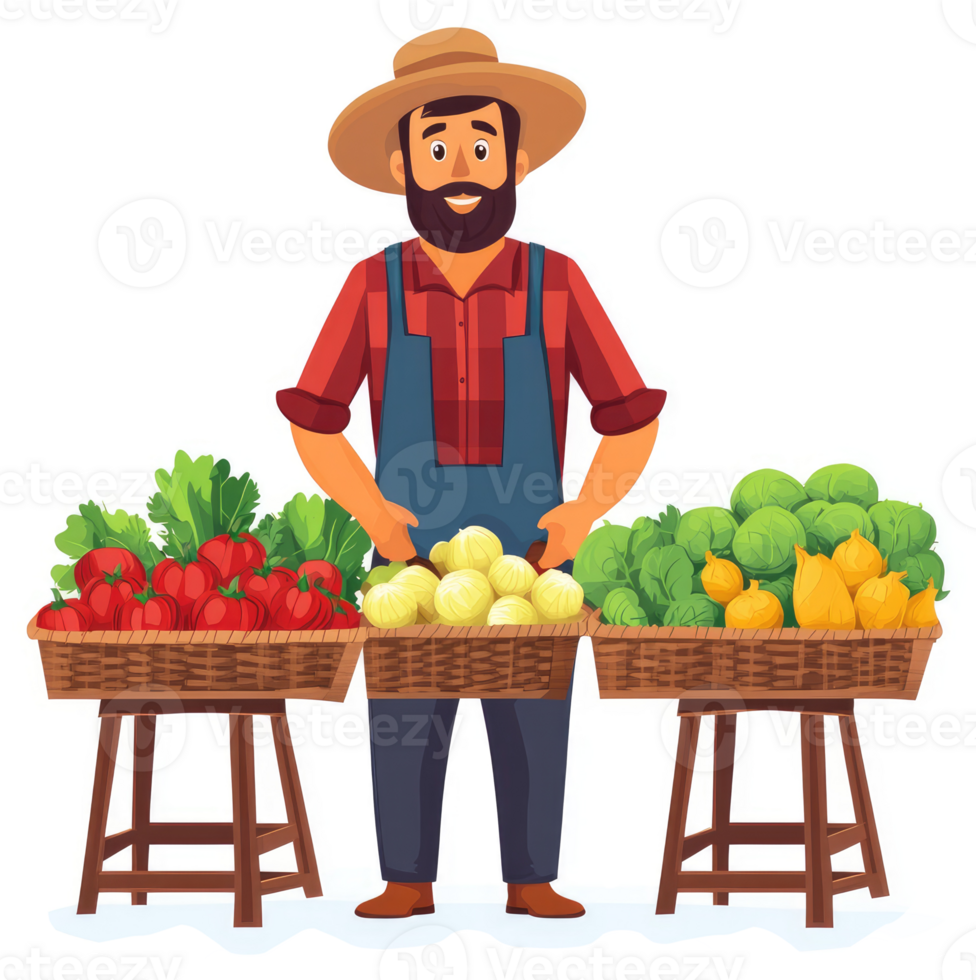 A farmer stands proudly beside baskets overflowing with fresh produce. png