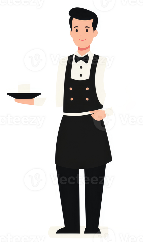 A smiling waiter holding a platter in a black and white uniform. png
