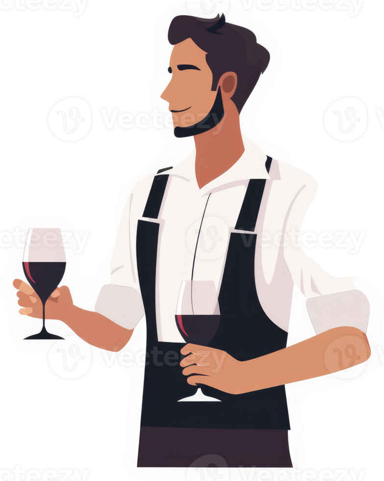 A friendly waiter offering red wine in a professional manner. png