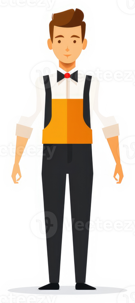 A cartoon illustration of a person wearing a white shirt, a dark-colored pants and an orange apron. png