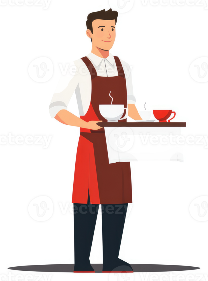 A smiling cafe worker carrying a tray with steaming cups of coffee. png