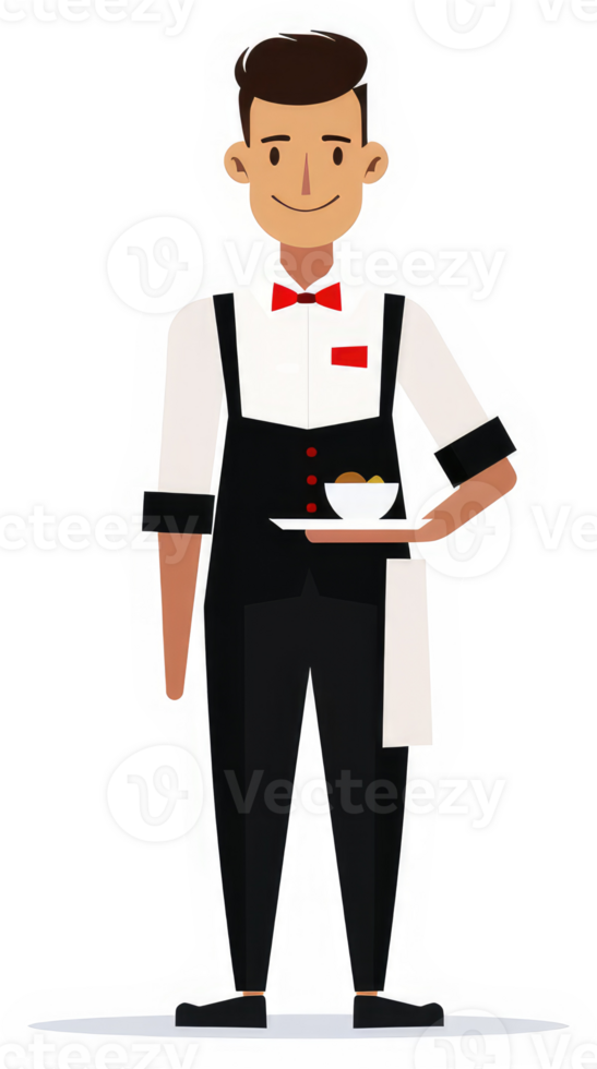 A smiling waiter in a formal uniform holding a tray of food. png