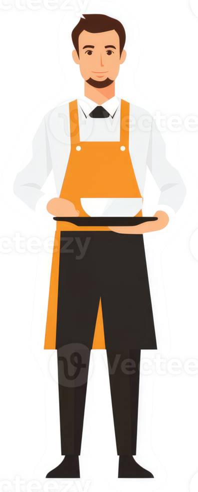 A male waiter in an orange apron carrying a tray of food. png