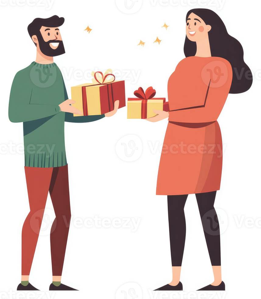 A happy couple exchanging gifts, filled with joy and celebration. png