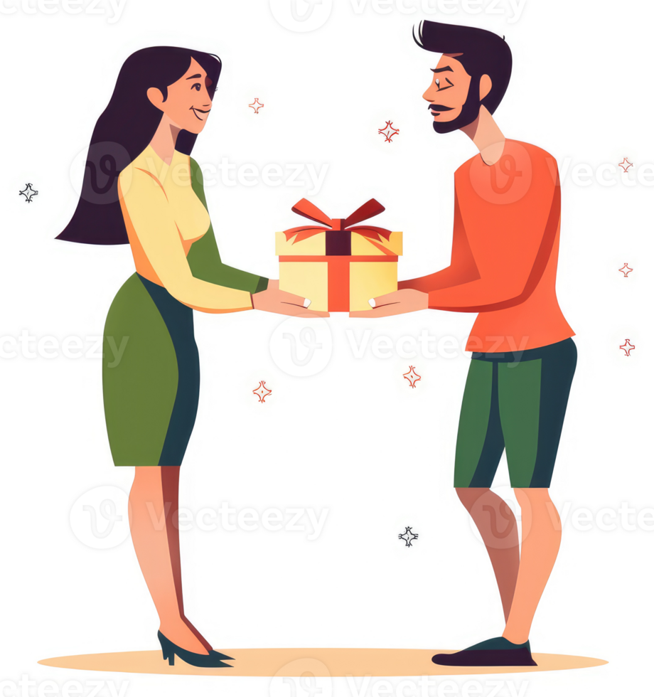A woman gifting a present to a man. png