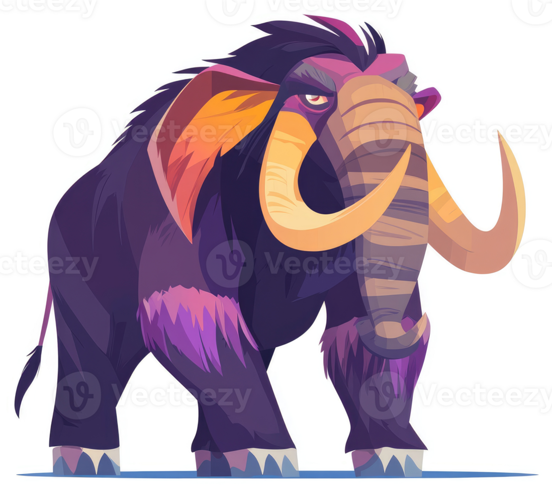A fierce mammoth with vibrant colors and large tusks. png
