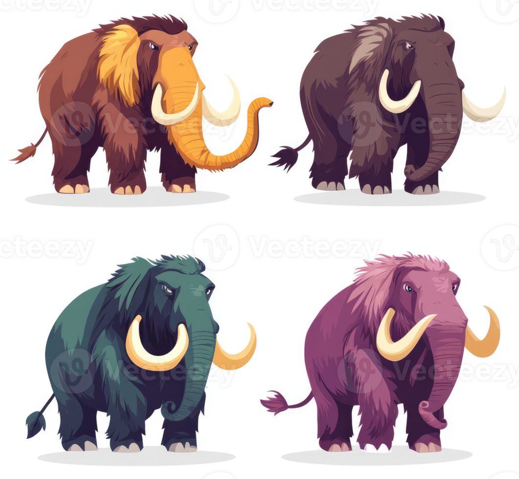 Four different types of woolly mammoths depicted in a cartoon style. png