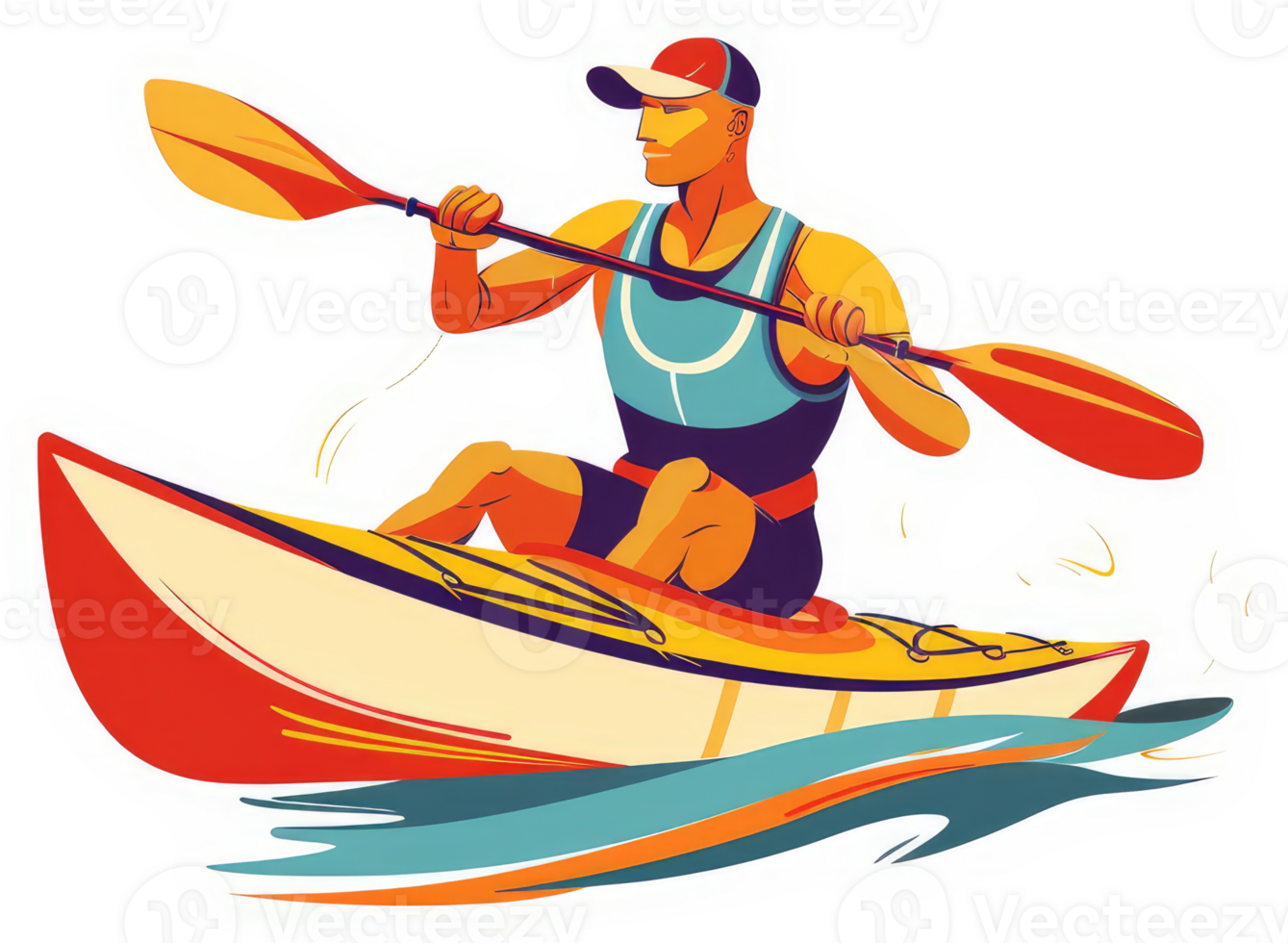 A man paddles a colorful kayak on the water. png